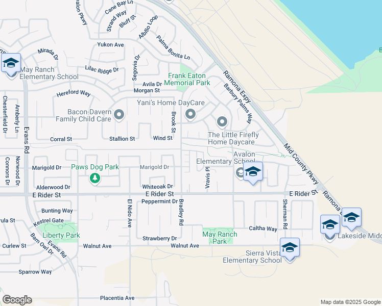 map of restaurants, bars, coffee shops, grocery stores, and more near 3391 Night Bloom Lane in Perris