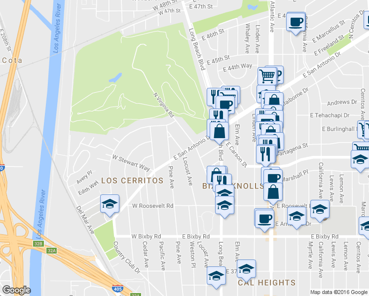 map of restaurants, bars, coffee shops, grocery stores, and more near 4202 Locust Avenue in Long Beach