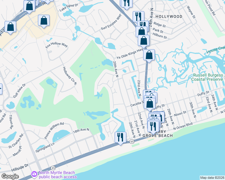 map of restaurants, bars, coffee shops, grocery stores, and more near 1900 Duffy Street in North Myrtle Beach
