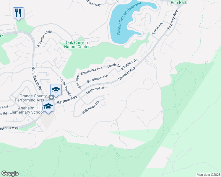 map of restaurants, bars, coffee shops, grocery stores, and more near 1099 South Rimwood Drive in Anaheim