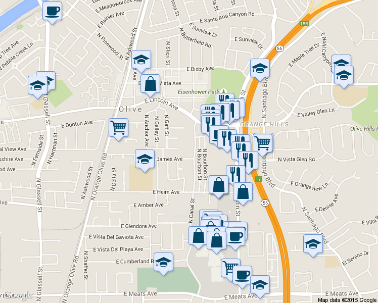 map of restaurants, bars, coffee shops, grocery stores, and more near 2621 North Canal Street in Orange
