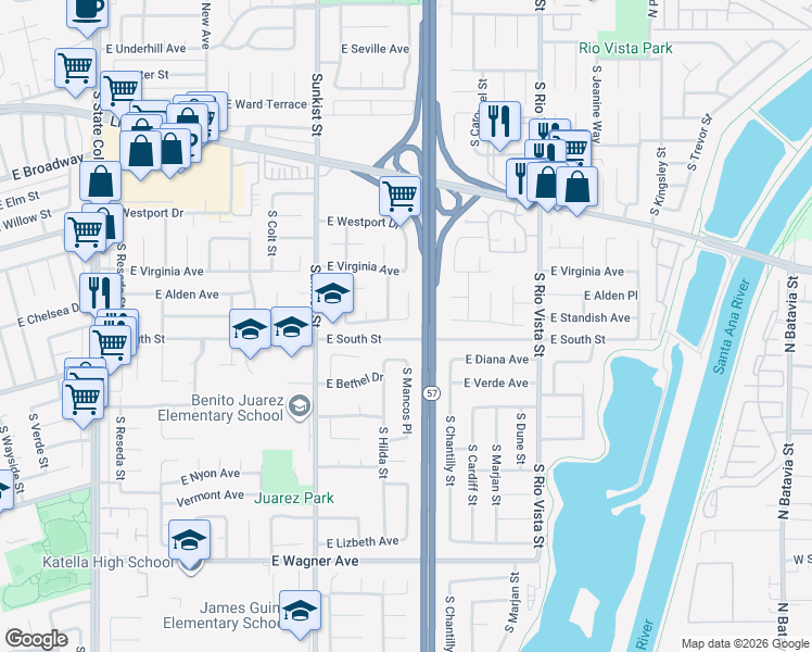map of restaurants, bars, coffee shops, grocery stores, and more near 2617 East Diana Place in Anaheim