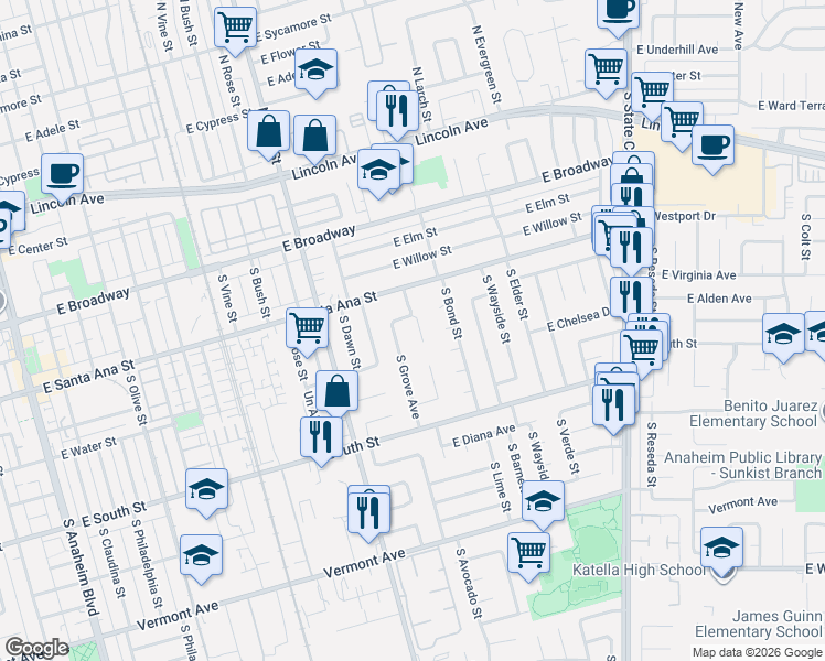 map of restaurants, bars, coffee shops, grocery stores, and more near 555 South Sherwood Drive in Anaheim