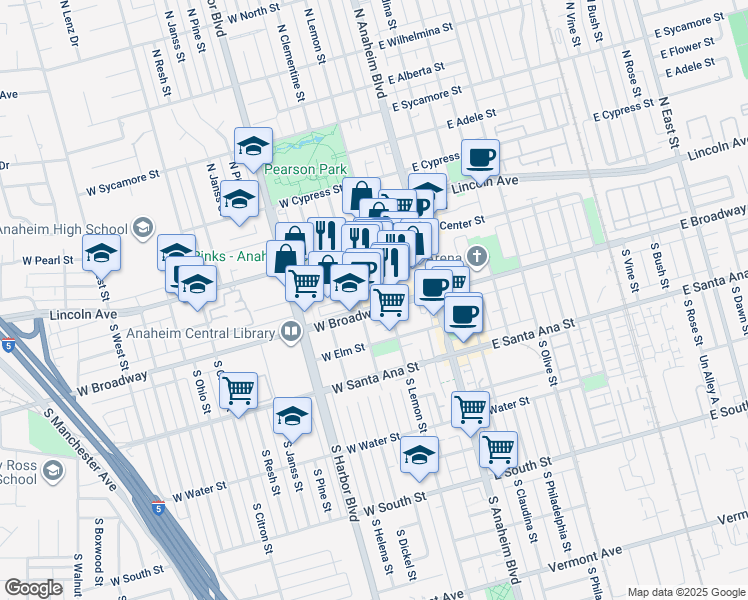 map of restaurants, bars, coffee shops, grocery stores, and more near in Anaheim