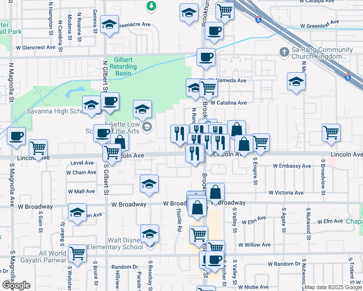map of restaurants, bars, coffee shops, grocery stores, and more near 2251 West Lincoln Avenue in Anaheim