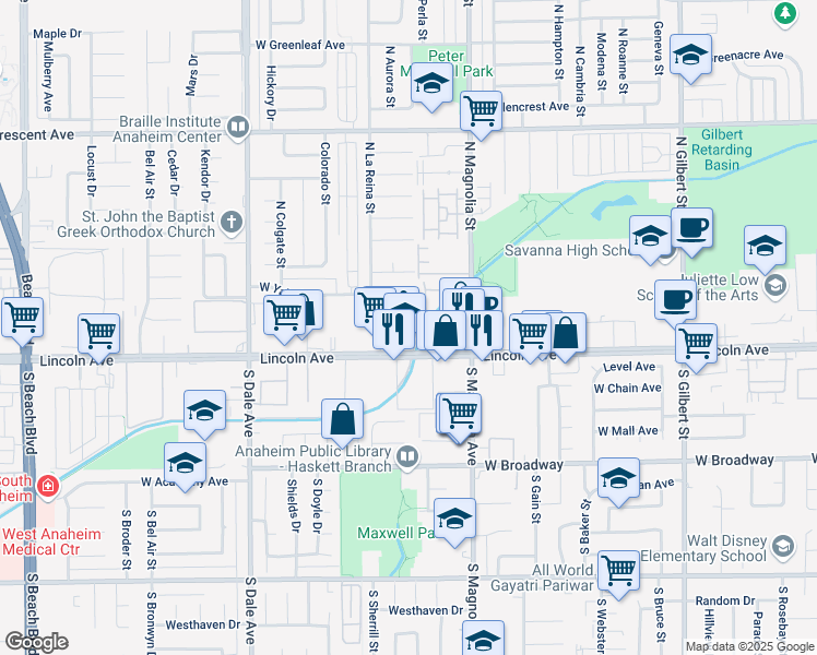 map of restaurants, bars, coffee shops, grocery stores, and more near 2641 West Lincoln Avenue in Anaheim