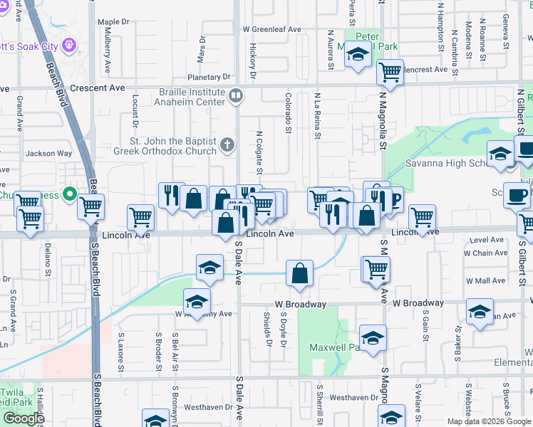 map of restaurants, bars, coffee shops, grocery stores, and more near 2743 West Lincoln Avenue in Anaheim