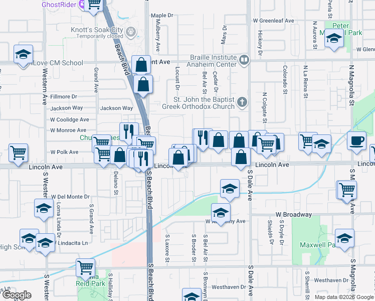 map of restaurants, bars, coffee shops, grocery stores, and more near 100 North Ridgeway Street in Anaheim