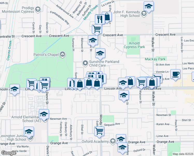 map of restaurants, bars, coffee shops, grocery stores, and more near 4911 Lincoln Avenue in Cypress