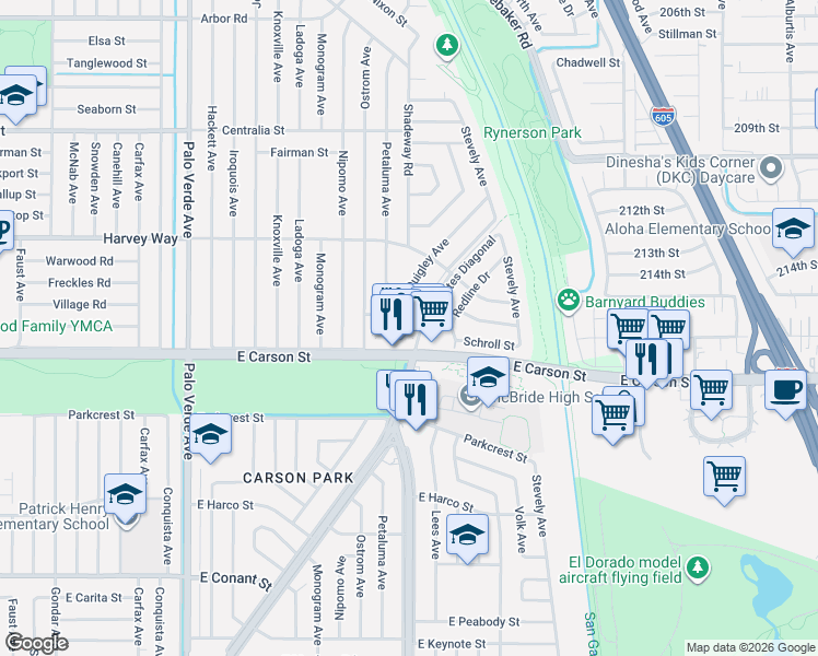 map of restaurants, bars, coffee shops, grocery stores, and more near 6819 East Carson Street in Lakewood