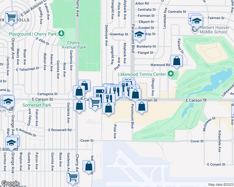 map of restaurants, bars, coffee shops, grocery stores, and more near 4105 Maybank Avenue in Lakewood