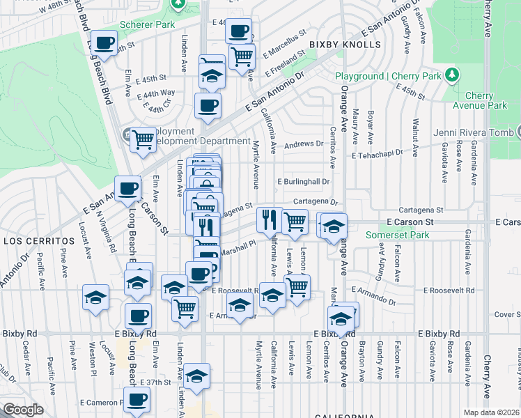 map of restaurants, bars, coffee shops, grocery stores, and more near 835 East Carson Street in Long Beach