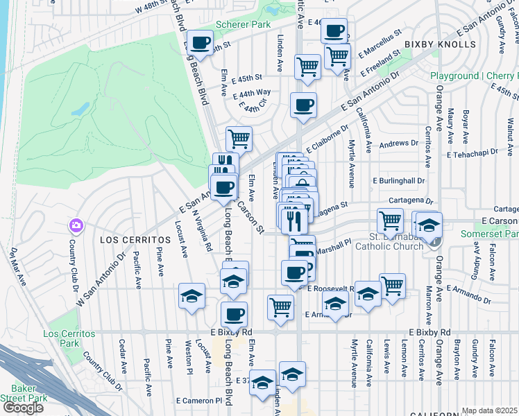 map of restaurants, bars, coffee shops, grocery stores, and more near 4043 Elm Avenue in Long Beach