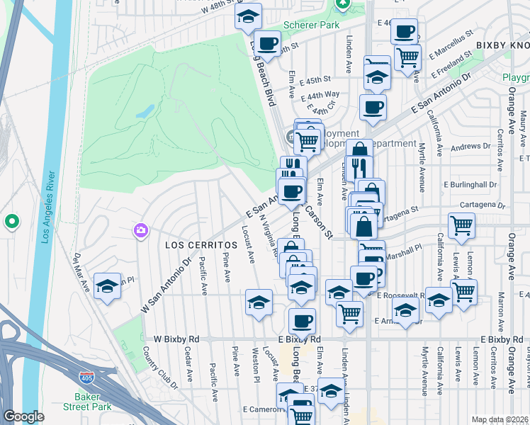 map of restaurants, bars, coffee shops, grocery stores, and more near 235 East Claiborne Place in Long Beach