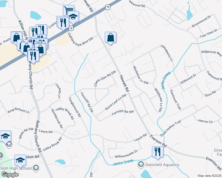 map of restaurants, bars, coffee shops, grocery stores, and more near 3834 Tanglewood Road in Snellville