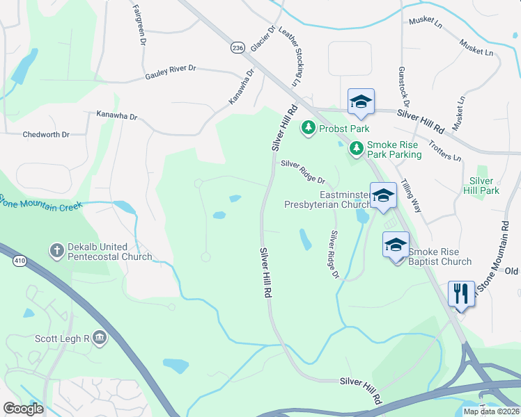 map of restaurants, bars, coffee shops, grocery stores, and more near 5446 Lichenhearth Court in Stone Mountain