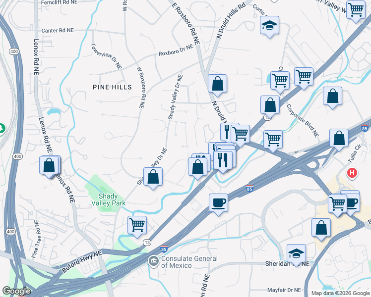 map of restaurants, bars, coffee shops, grocery stores, and more near 1732 Dunwoody Place Northeast in Atlanta