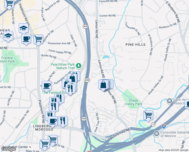 map of restaurants, bars, coffee shops, grocery stores, and more near 2839 Overlook Trace in Atlanta
