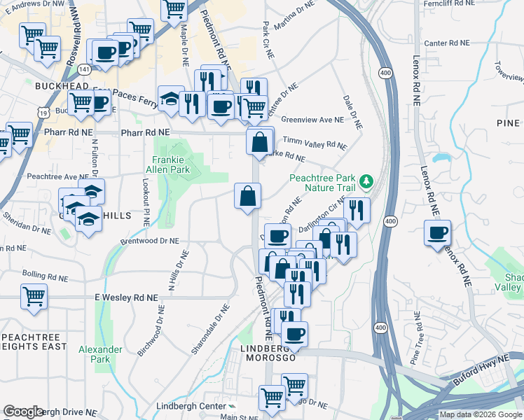 map of restaurants, bars, coffee shops, grocery stores, and more near 2847 Piedmont Road Northeast in Atlanta