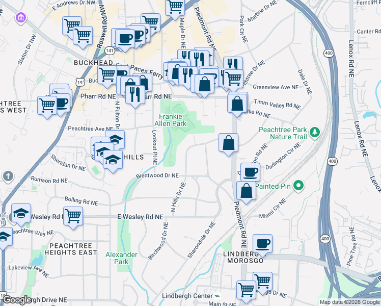 map of restaurants, bars, coffee shops, grocery stores, and more near 2847 North Hills Drive Northeast in Atlanta