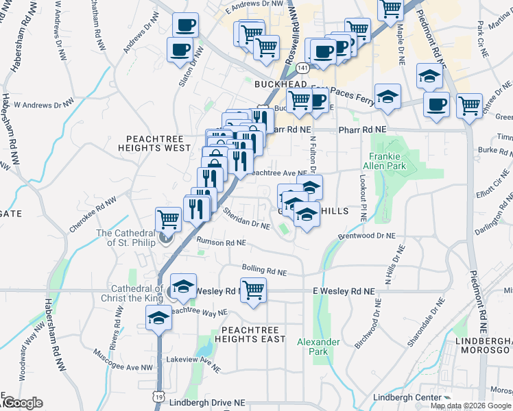 map of restaurants, bars, coffee shops, grocery stores, and more near 124 Sheridan Drive Northeast in Atlanta