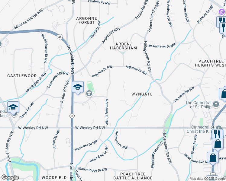 map of restaurants, bars, coffee shops, grocery stores, and more near 2855 Normandy Drive Northwest in Atlanta