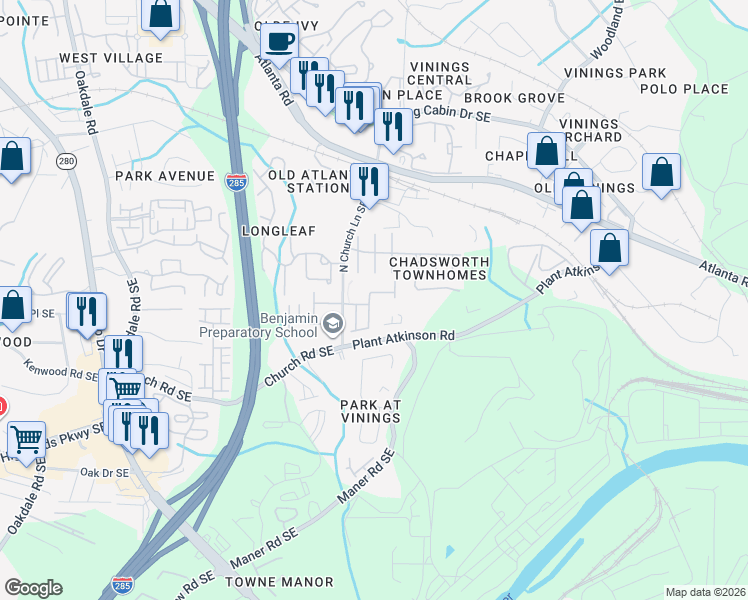 map of restaurants, bars, coffee shops, grocery stores, and more near 4933 Colchester Court in Atlanta