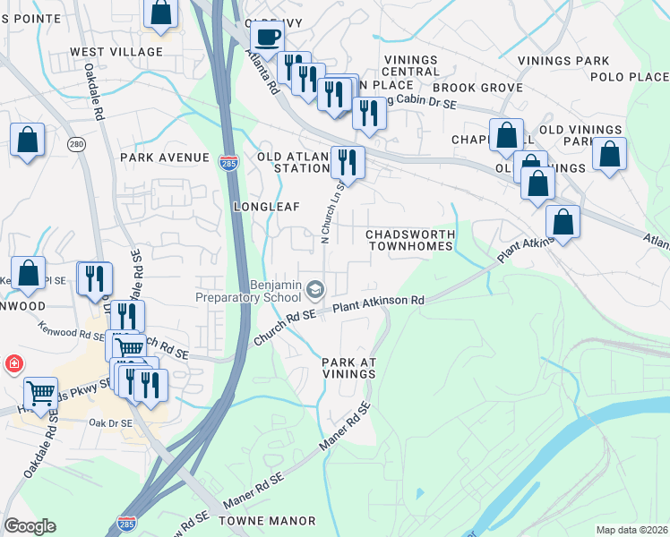 map of restaurants, bars, coffee shops, grocery stores, and more near 5087 Leeshire Trail Southeast in Atlanta