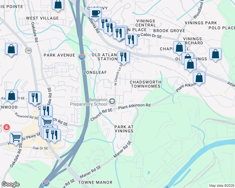 map of restaurants, bars, coffee shops, grocery stores, and more near 5087 Leeshire Trail Southeast in Atlanta