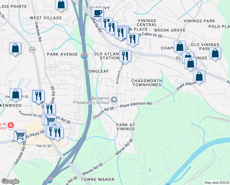 map of restaurants, bars, coffee shops, grocery stores, and more near 5108 Kempsford Court in Smyrna
