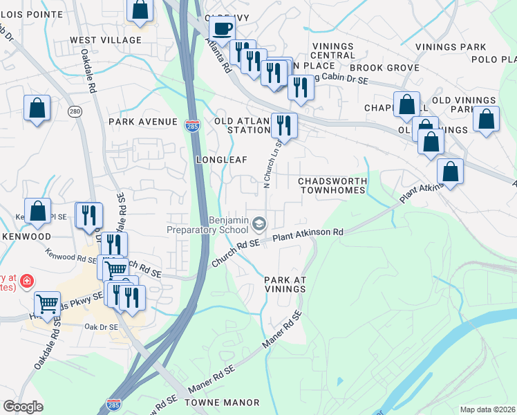 map of restaurants, bars, coffee shops, grocery stores, and more near 5108 Kempsford Court in Smyrna