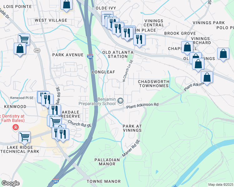 map of restaurants, bars, coffee shops, grocery stores, and more near 5108 Kempsford Court in Smyrna