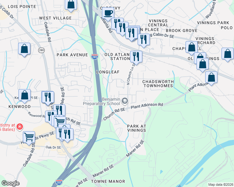 map of restaurants, bars, coffee shops, grocery stores, and more near 4929 Greylock Walk Southeast in Atlanta