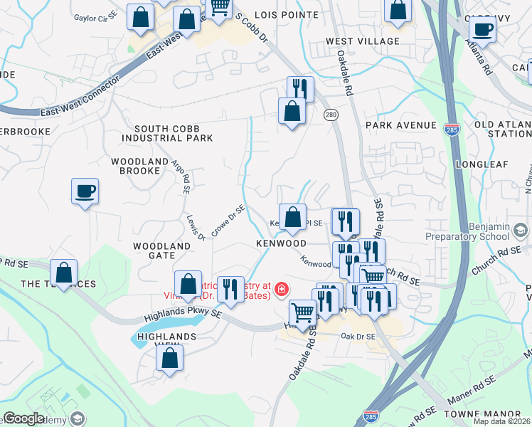 map of restaurants, bars, coffee shops, grocery stores, and more near 1941 Kenwood Road Southeast in Smyrna