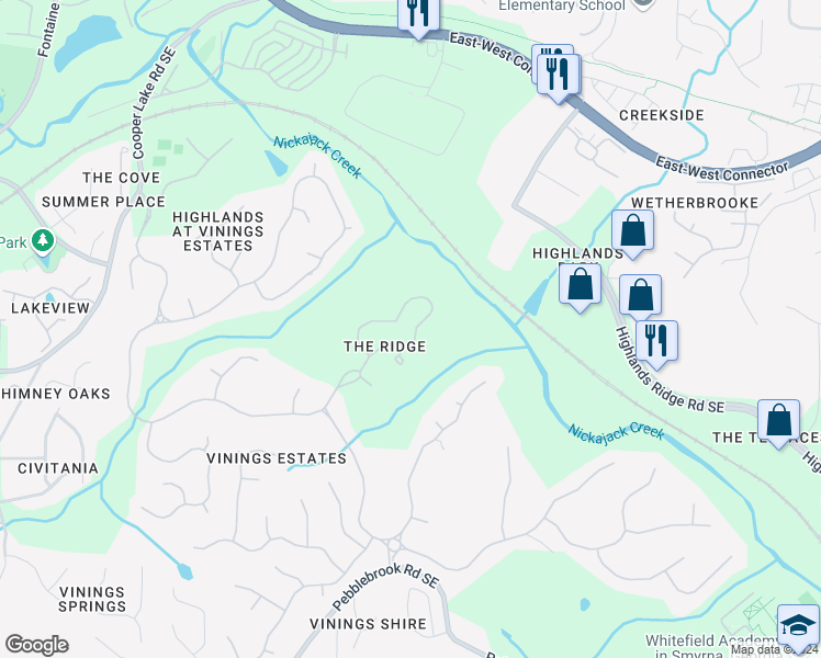 map of restaurants, bars, coffee shops, grocery stores, and more near 586 Vinings Estates Drive Southeast in Mableton