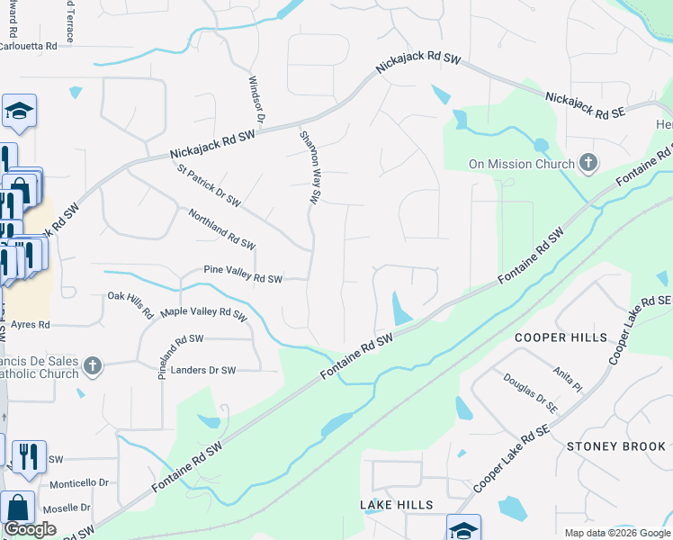map of restaurants, bars, coffee shops, grocery stores, and more near 5032 Waterford Drive Southwest in Mableton