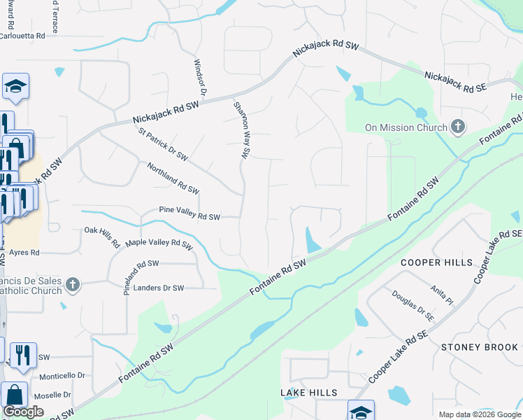 map of restaurants, bars, coffee shops, grocery stores, and more near 5032 Waterford Drive Southwest in Mableton