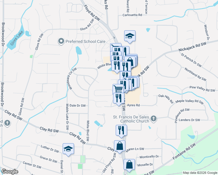 map of restaurants, bars, coffee shops, grocery stores, and more near 917 Joseph Club Drive in Mableton