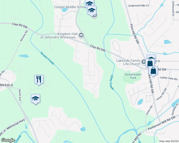 map of restaurants, bars, coffee shops, grocery stores, and more near 2756 Whitewater Court in Austell