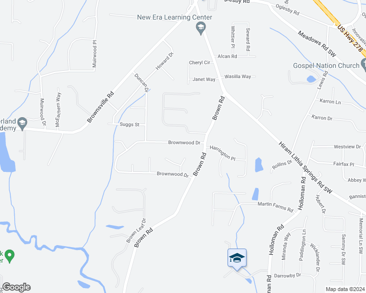 map of restaurants, bars, coffee shops, grocery stores, and more near 5001 Brownwood Drive in Powder Springs