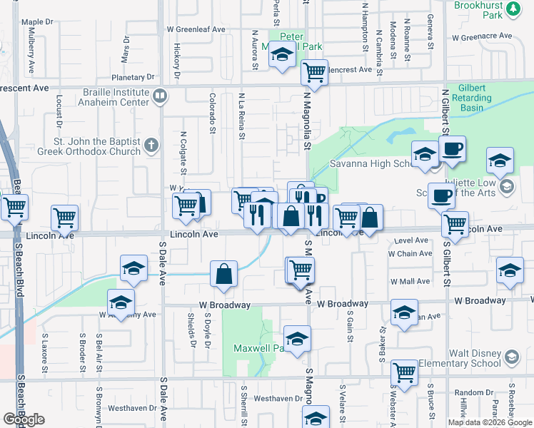 map of restaurants, bars, coffee shops, grocery stores, and more near 2651 Lincoln Avenue in Anaheim