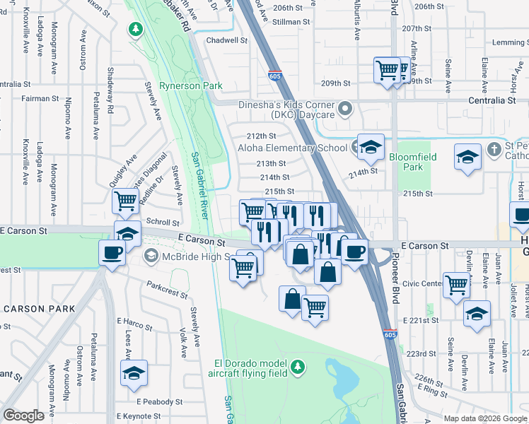 map of restaurants, bars, coffee shops, grocery stores, and more near 11423 216th Street in Lakewood