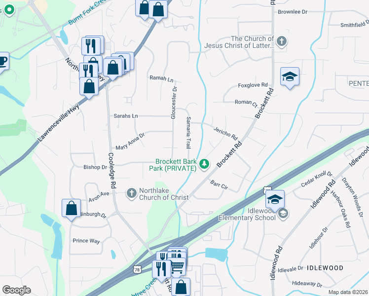 map of restaurants, bars, coffee shops, grocery stores, and more near 1724 Samaria Trail in Tucker