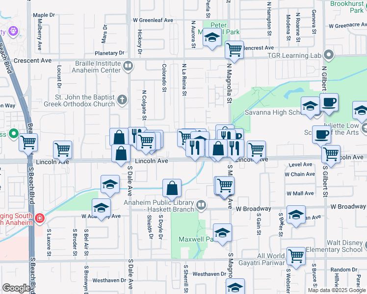 map of restaurants, bars, coffee shops, grocery stores, and more near 121 North La Reina Circle in Anaheim