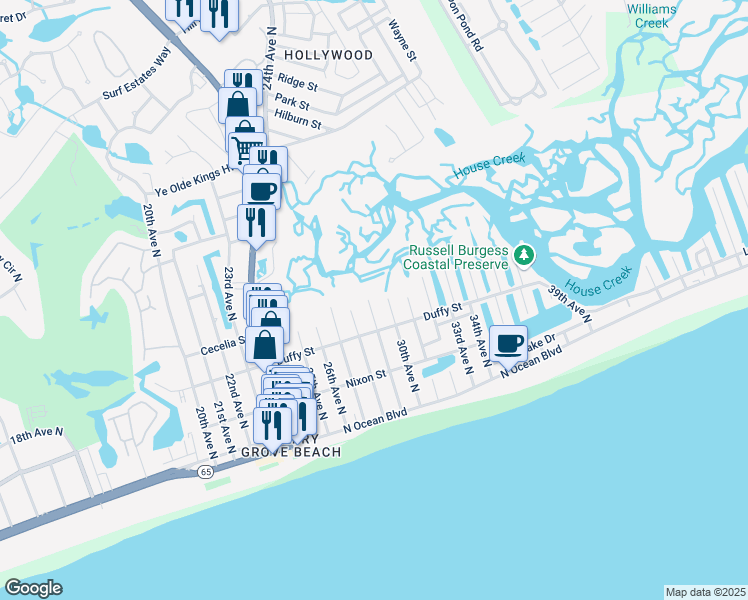 map of restaurants, bars, coffee shops, grocery stores, and more near 405 30th Avenue North in North Myrtle Beach