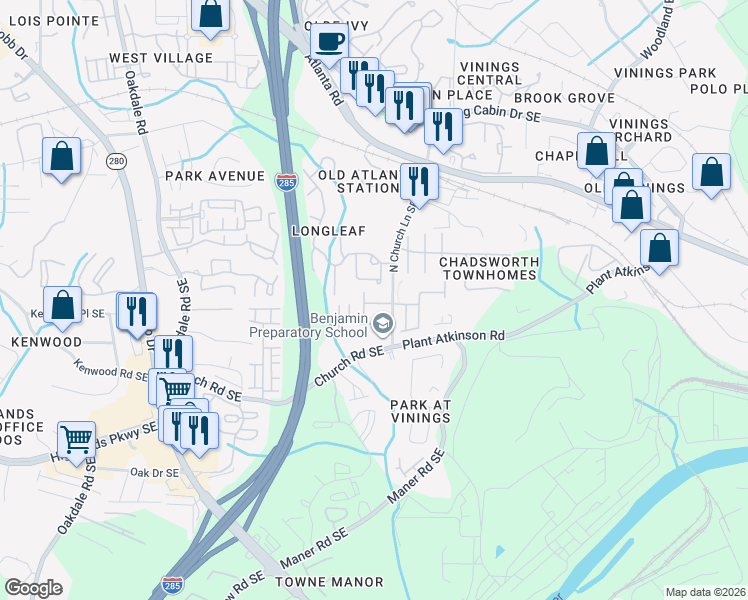 map of restaurants, bars, coffee shops, grocery stores, and more near 2513 Ashwicke Drive Southeast in Atlanta