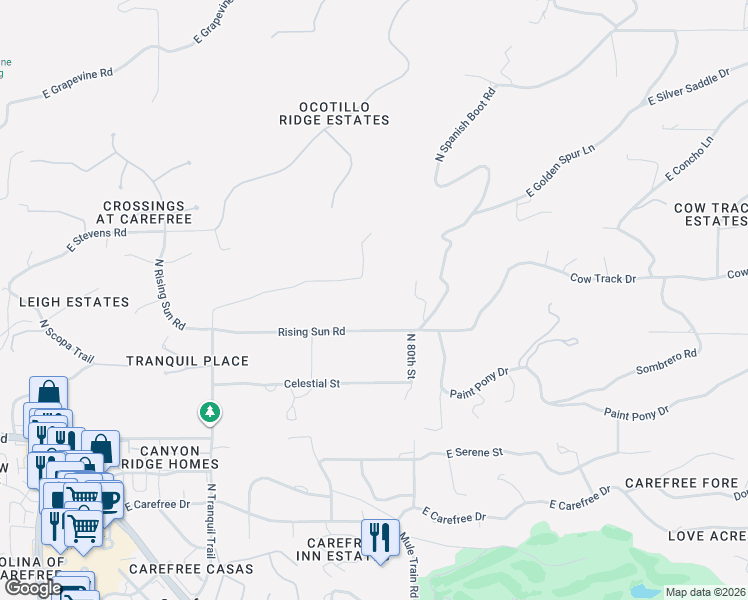 map of restaurants, bars, coffee shops, grocery stores, and more near 7990 Rising Sun Road in Carefree