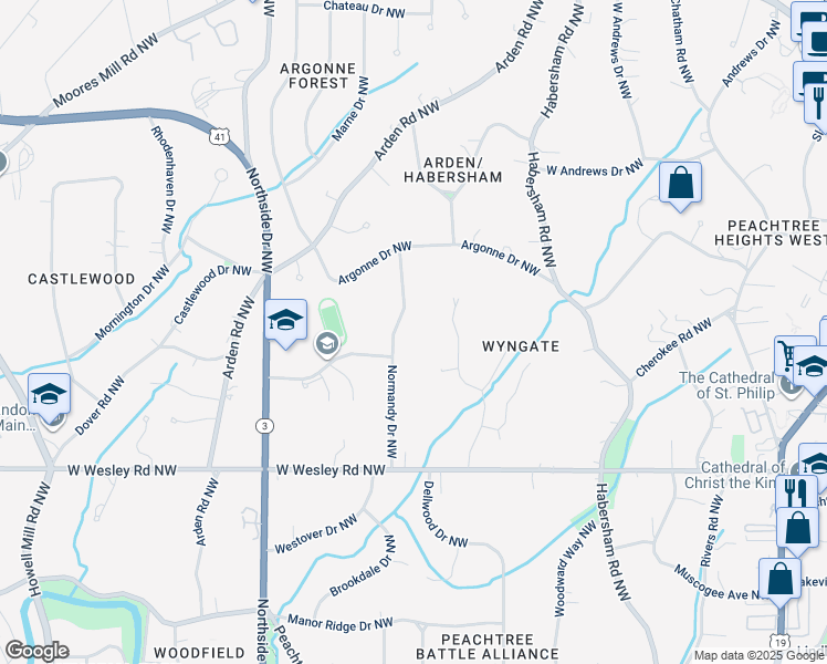 map of restaurants, bars, coffee shops, grocery stores, and more near 2855 Normandy Drive Northwest in Atlanta