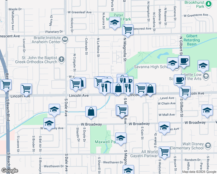 map of restaurants, bars, coffee shops, grocery stores, and more near 2651 West Lincoln Avenue in Anaheim
