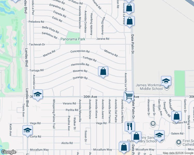 map of restaurants, bars, coffee shops, grocery stores, and more near 68705 Durango Road in Cathedral City